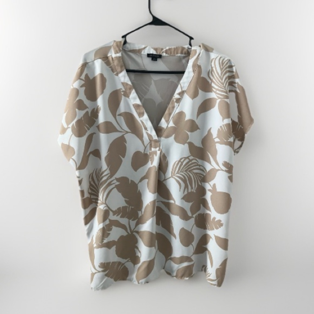 Ann Taylor Top Modern Sleeve Floral tropical Print Toasted Almond mixed media